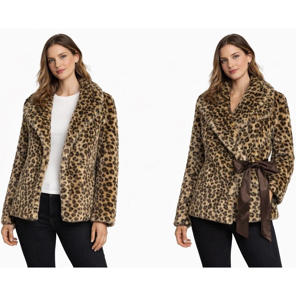 Vintage 2000s Leopard Faux Fur Wrap Coat Jacket With Side Ribbon Tie Large